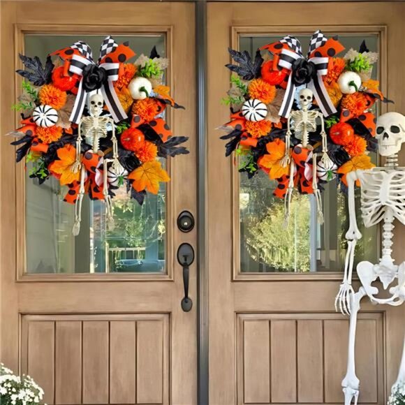Skull Wreath Halloween Door Hanging with Skeleton Center, Orange Pumpkins - Picture 4 of 6